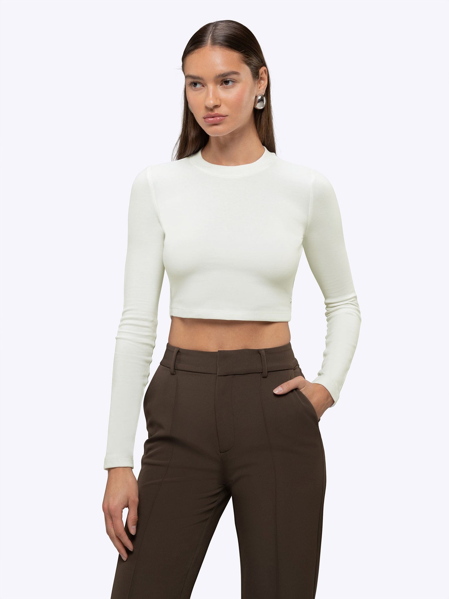 Womens | Long Sleeve Slim-Fit Tomboy-Cotton Cropped Tee | Eggshell