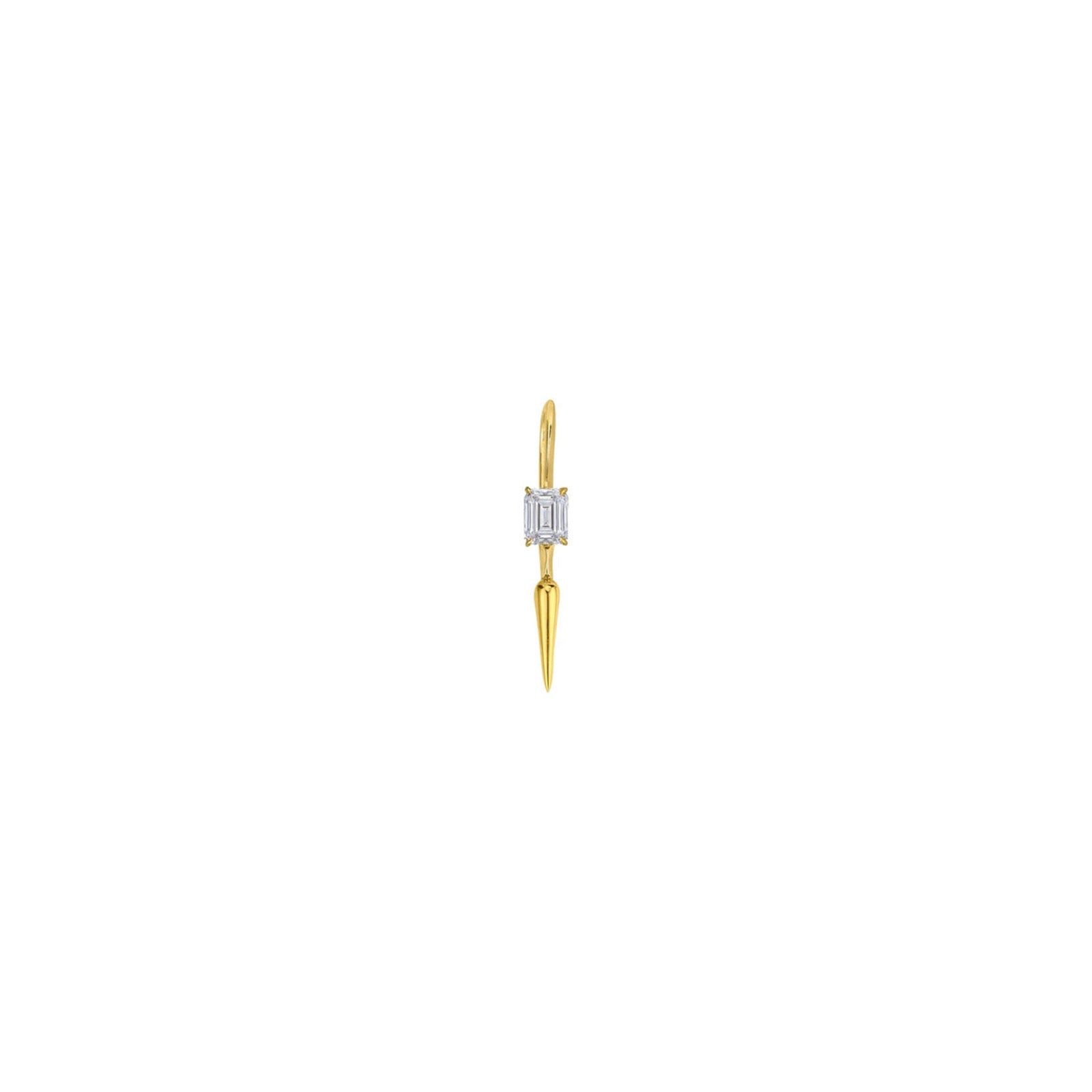 14k gold Single Diamond Drop Earrings in emerald cut on a white background