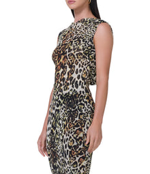 women's sleeveless top with draped cowl back and semi sheer, wide neck top in fall animal print