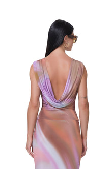 women's sleeveless top with draped cowl back and semi sheer, wide neck top in lilac watercolor print