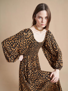 Our new Elsa Dress, in a conceptual animal print, is the perfect transition into colder weather with long balloon sleeves that can be worn either up or off the shoulder and a perfectly positioned slit to show off some skin. Pair with your favorite boots and fall in love.