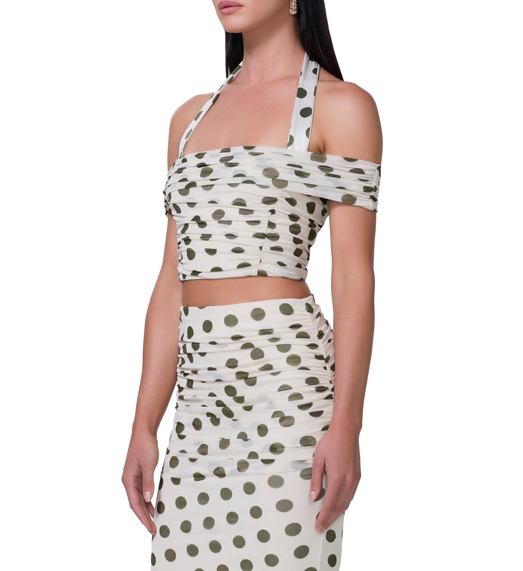 women's halter neck crop top with an off the shoulder neckline in birch dot print