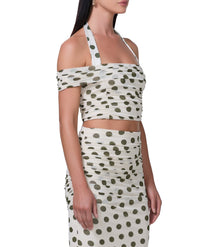 women's halter neck crop top with an off the shoulder neckline in birch dot print