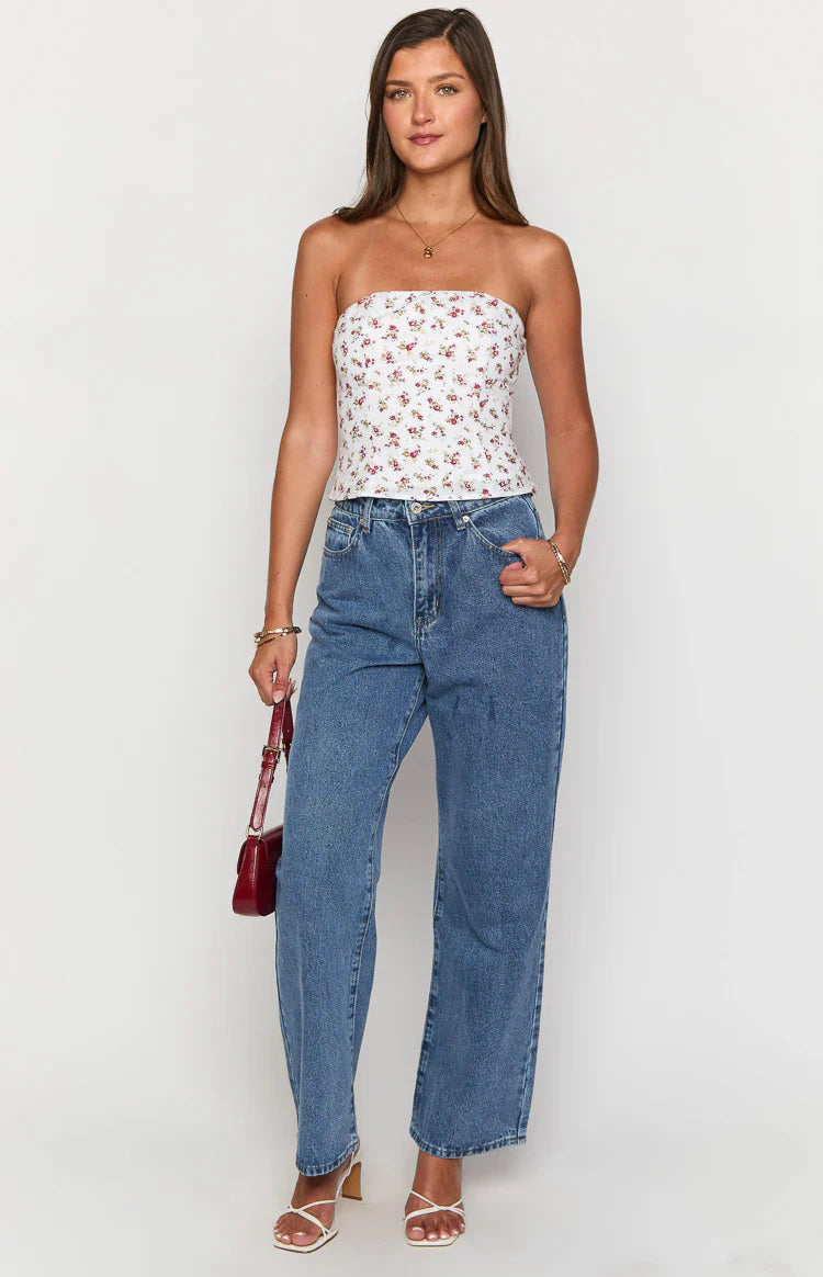 Paisley Floral Strapless Top | White
