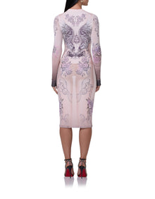 women's midi length mesh dress with long sleeves in lilac tattoo print