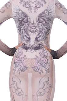 women's midi length mesh dress with long sleeves in lilac tattoo print