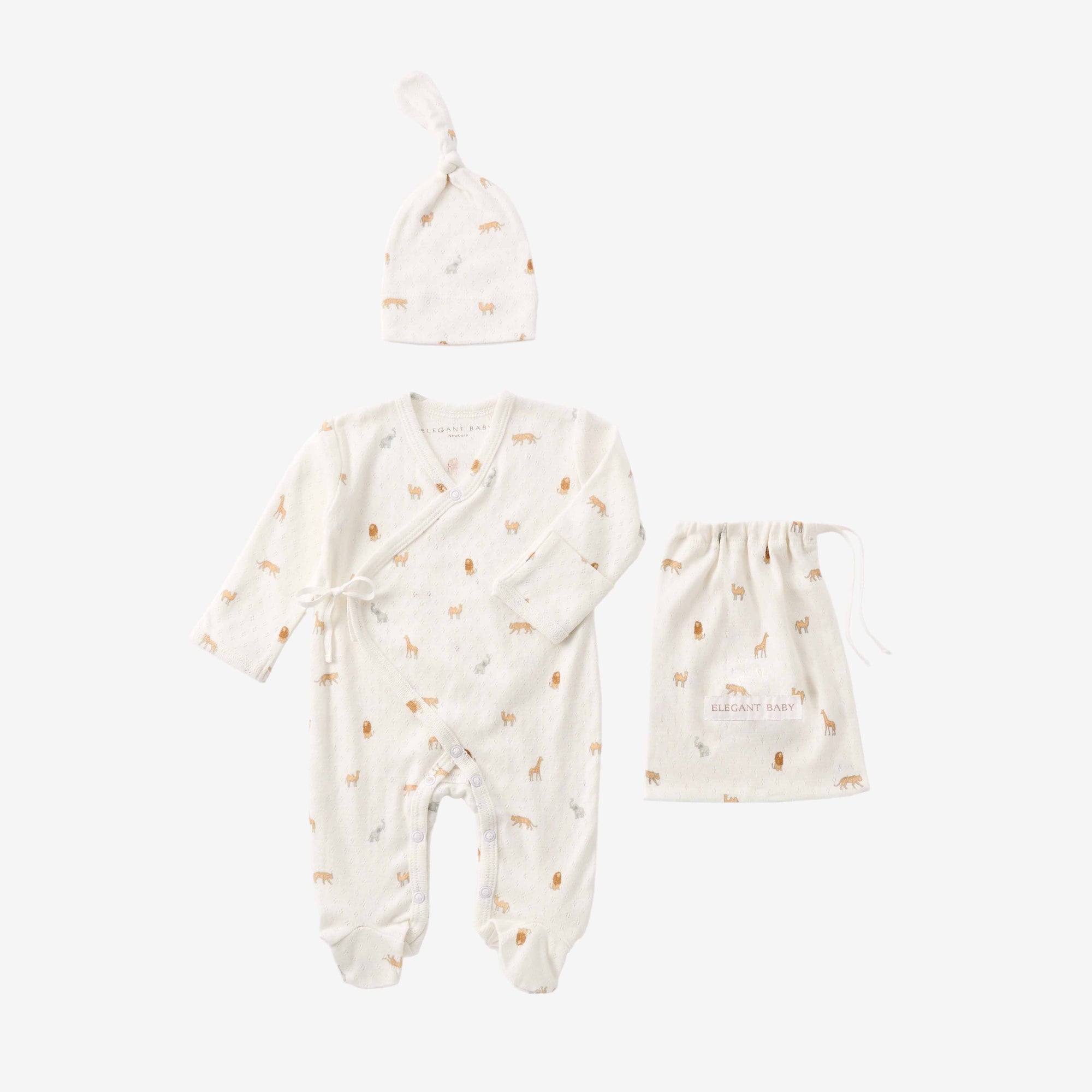 Unisex | Neutral Safari Print Organic Cotton Pointelle Layette 2 Pc Gift Set | Multi