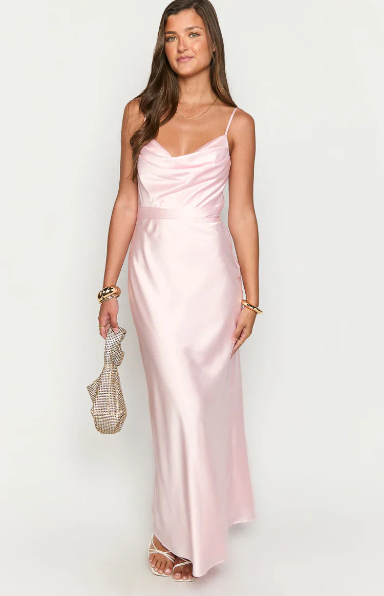 Elma Satin Wrap Tie Maxi Dress | Pink
