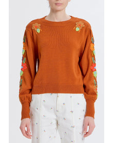 Embroidered Crew Neck Sweater | Burnt Orange