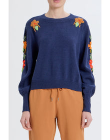 Embroidered Crew Neck Sweater | Navy