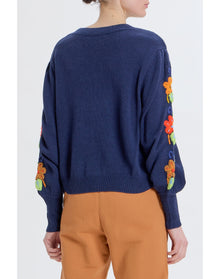 Embroidered Crew Neck Sweater | Navy