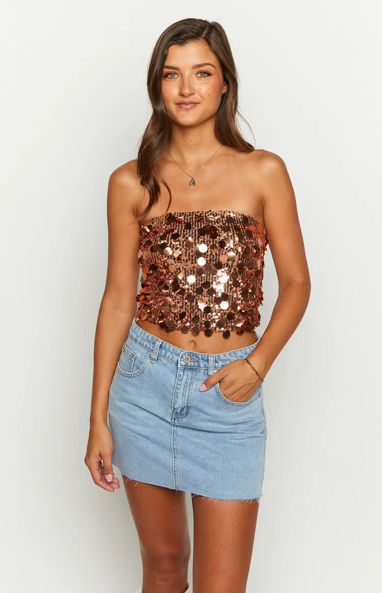 Emiko Sequin Crop Top | Bronze