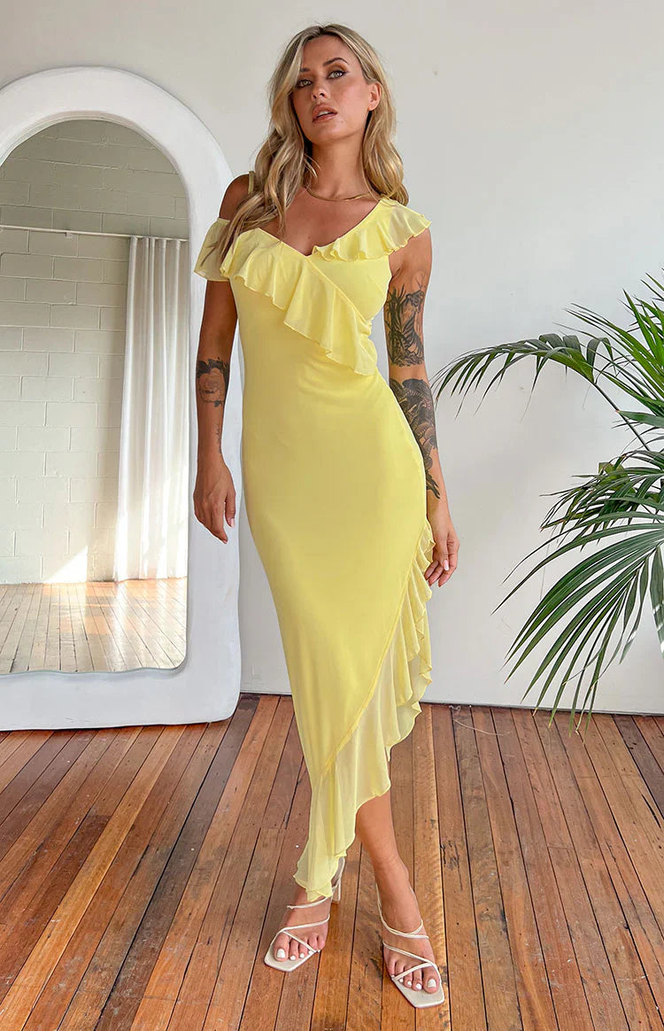 Everleene Ruffle Mesh Midi Dress | Yellow