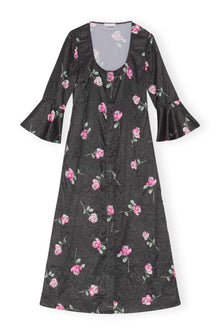 Crinkled Satin U-neck Long Dress | Black