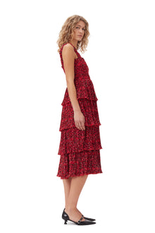 Pleated Georgette Flounce Strap Midi Dress | Racing Red