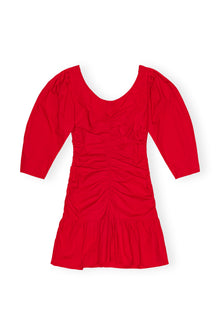 Cotton Poplin Gathered U-neck Mini Dress | Racing Red