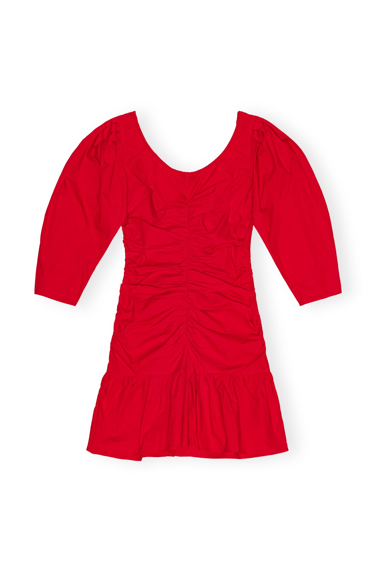 Cotton Poplin Gathered U-neck Mini Dress | Racing Red