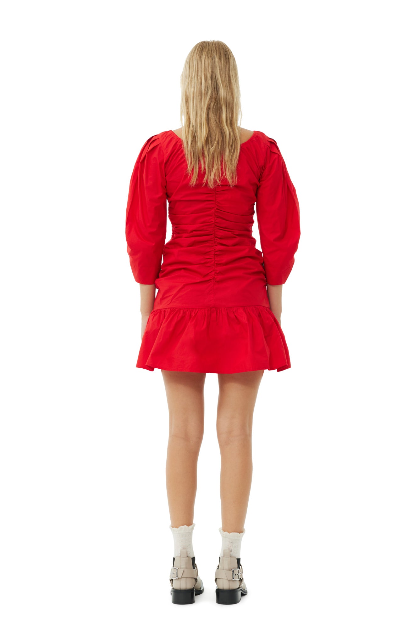 Cotton Poplin Gathered U-neck Mini Dress | Racing Red