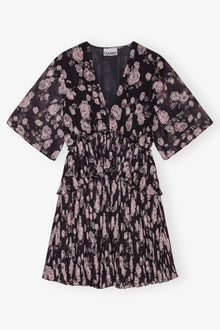 Pleated Georgette V-neck Flounce Mini Dress | Phantom