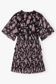 Pleated Georgette V-neck Flounce Mini Dress | Phantom