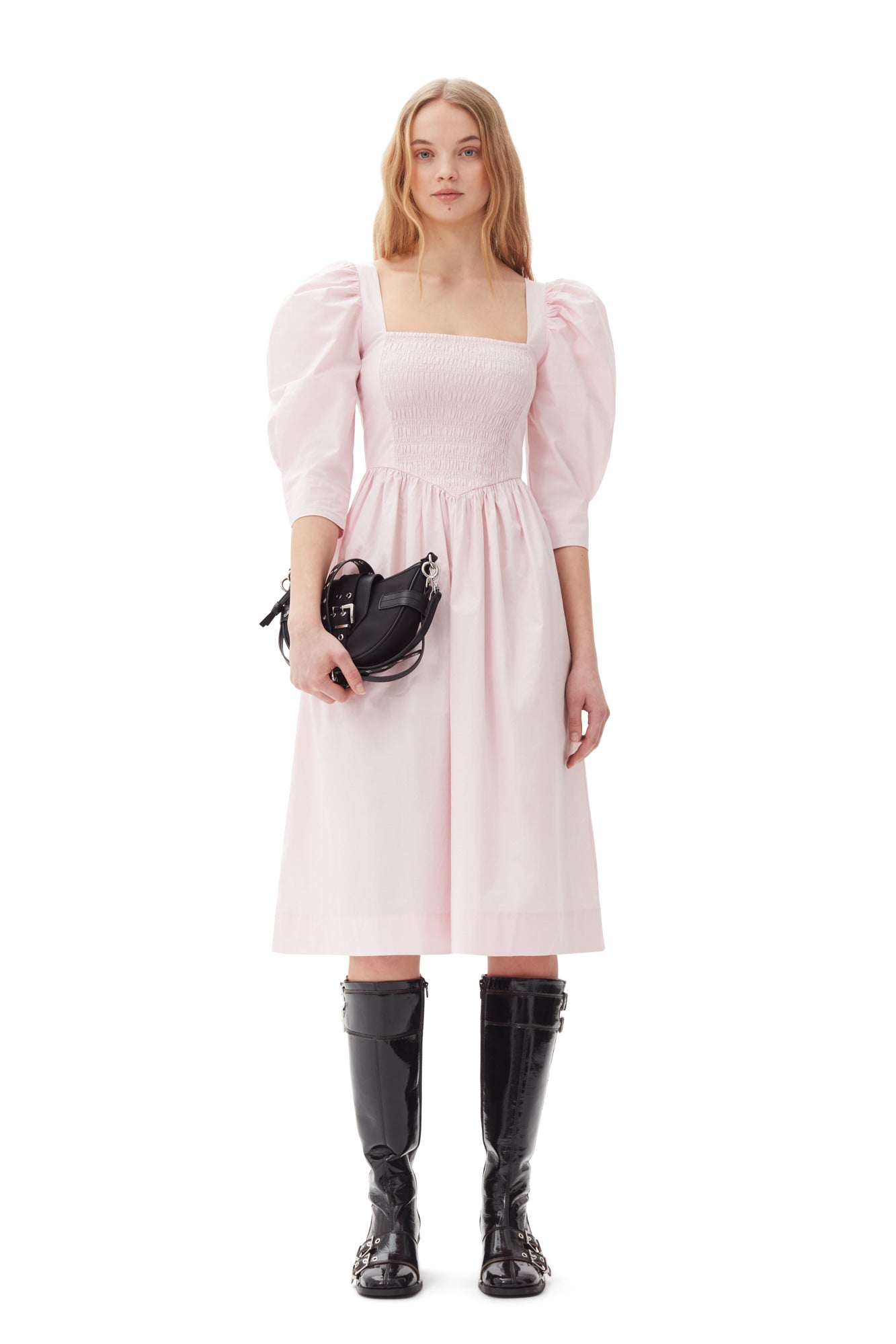 Cotton Poplin Open Neck Smock Dress | Chalk Pink