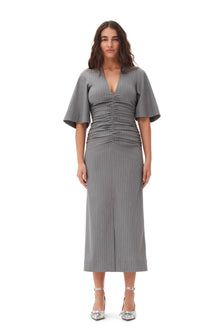 Stripe Suiting V-neck Fitted Dress | Mirage Gray