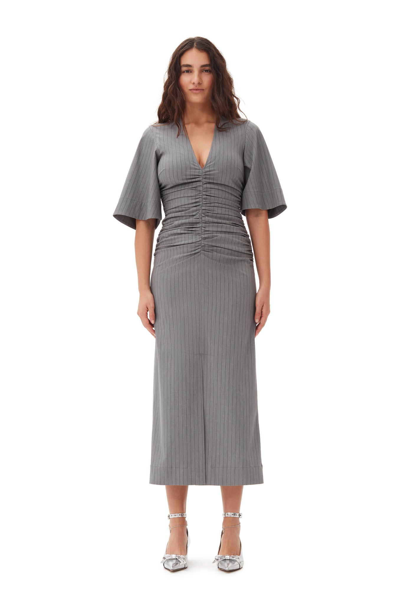 Stripe Suiting V-neck Fitted Dress | Mirage Gray