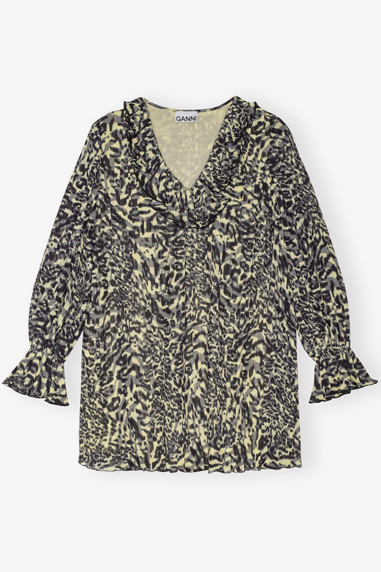 Pleated Georgette Flounce Neck Mini Dress | Lemon Icing