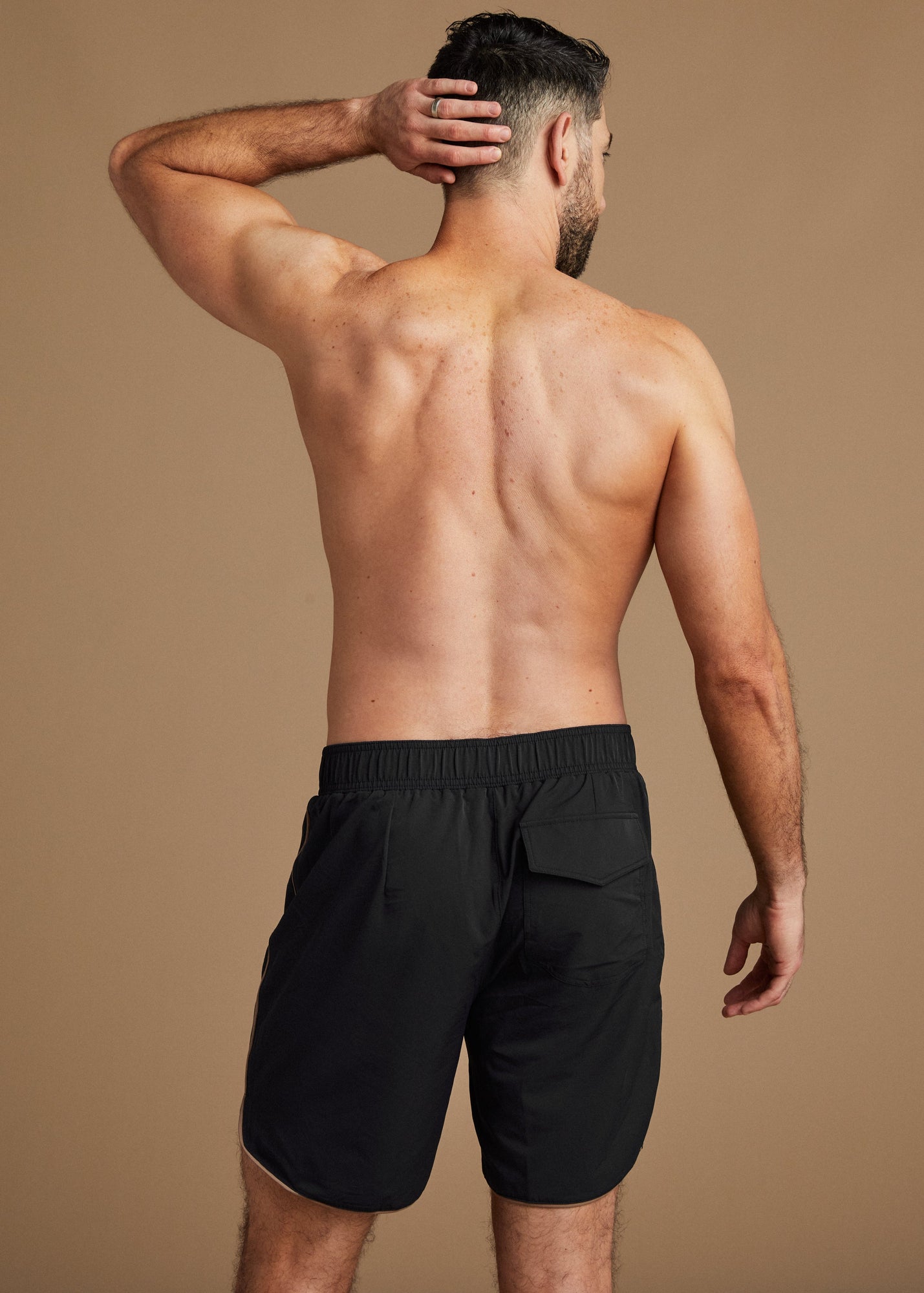 DALLAS SWIM SHORT - BLACK - TAN + LINES by Sivan Ayla