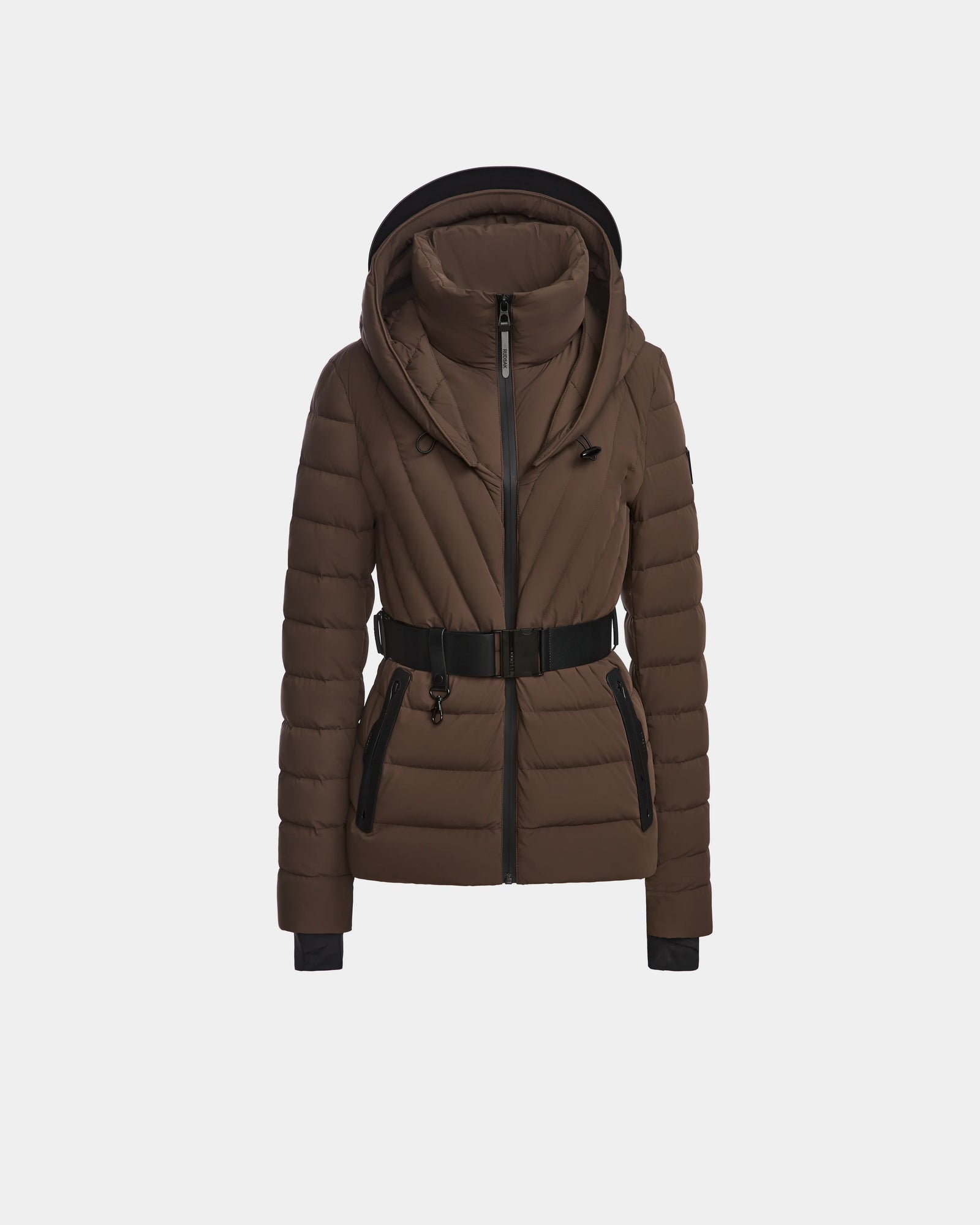 The ALISA - L124506 Espresso by Rudsak is a brown womens quilted down puffer jacket with a hood, black zipper, vegan leather waist belt, and black trim on the pockets and cuffs, shown against a white background.
