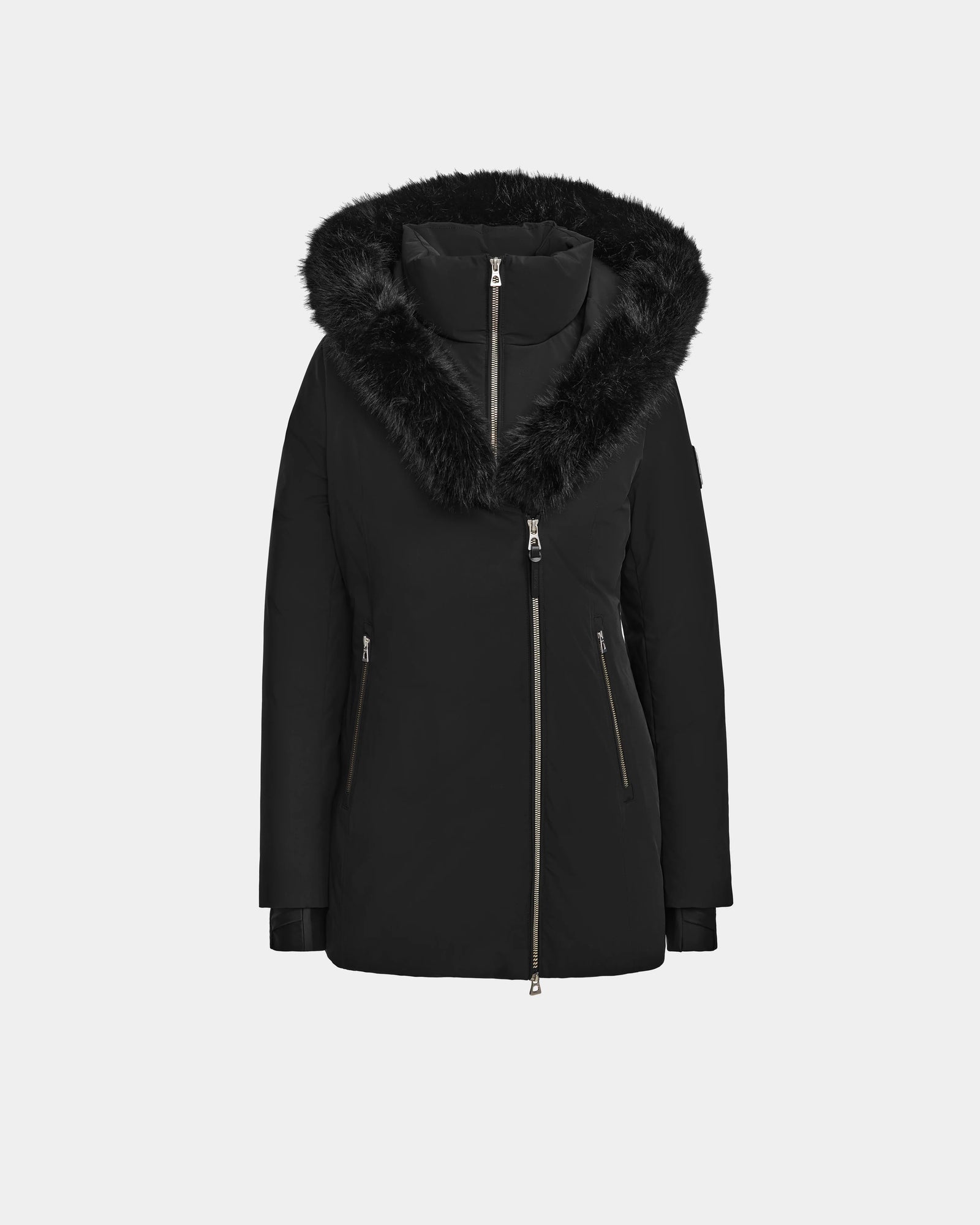 The Rudsak AURORE - L123561 Black/Black is a women's short fitted down parka in black, featuring a large faux fur-trimmed hood, high loft down fill, silver zippers, and two vertical front pockets, shown on a plain white background.