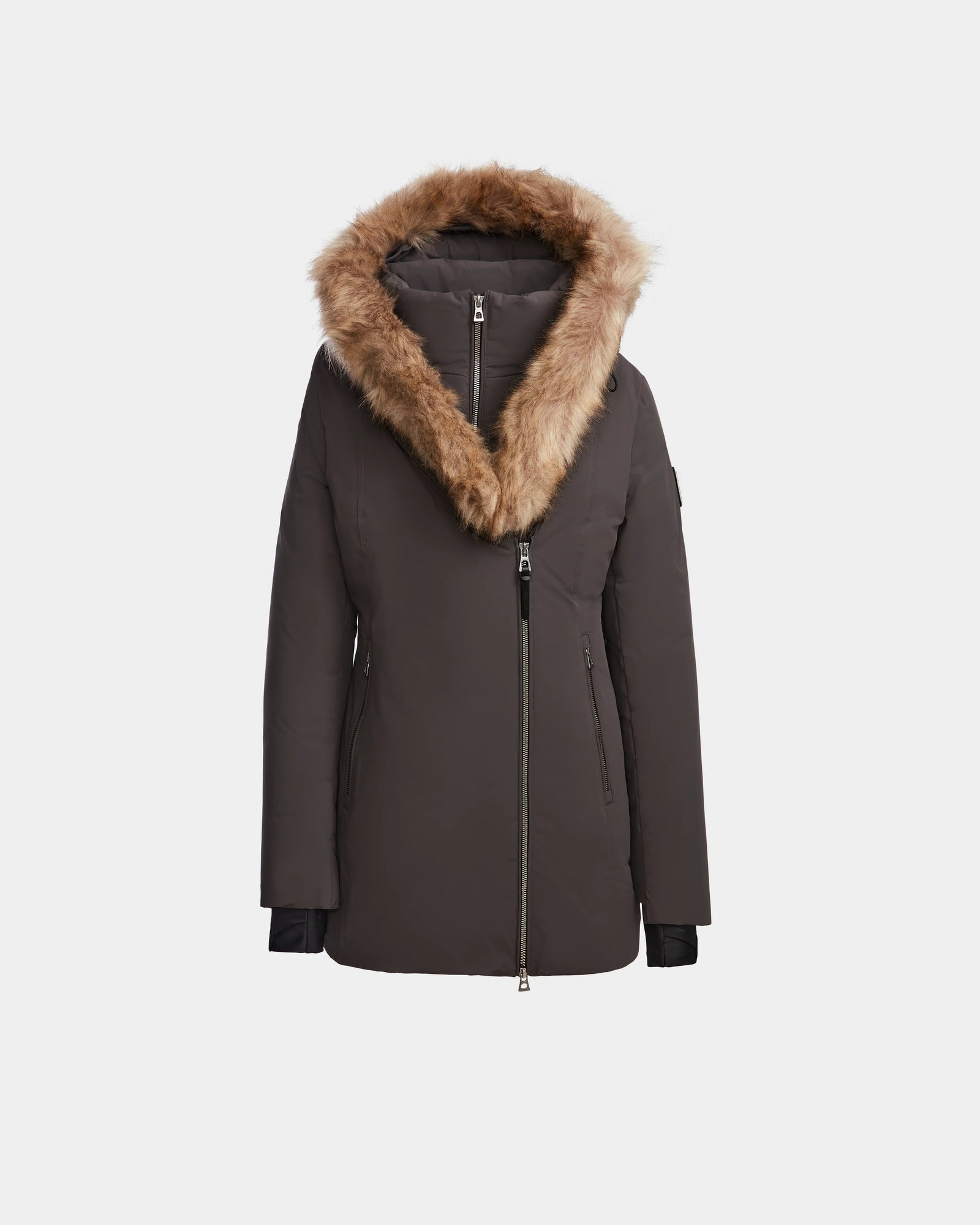 The Rudsak AURORE - L123561 Grey is a womens down parka featuring an asymmetrical front zipper and a large hood with brown faux fur trim, shown against a plain white background.