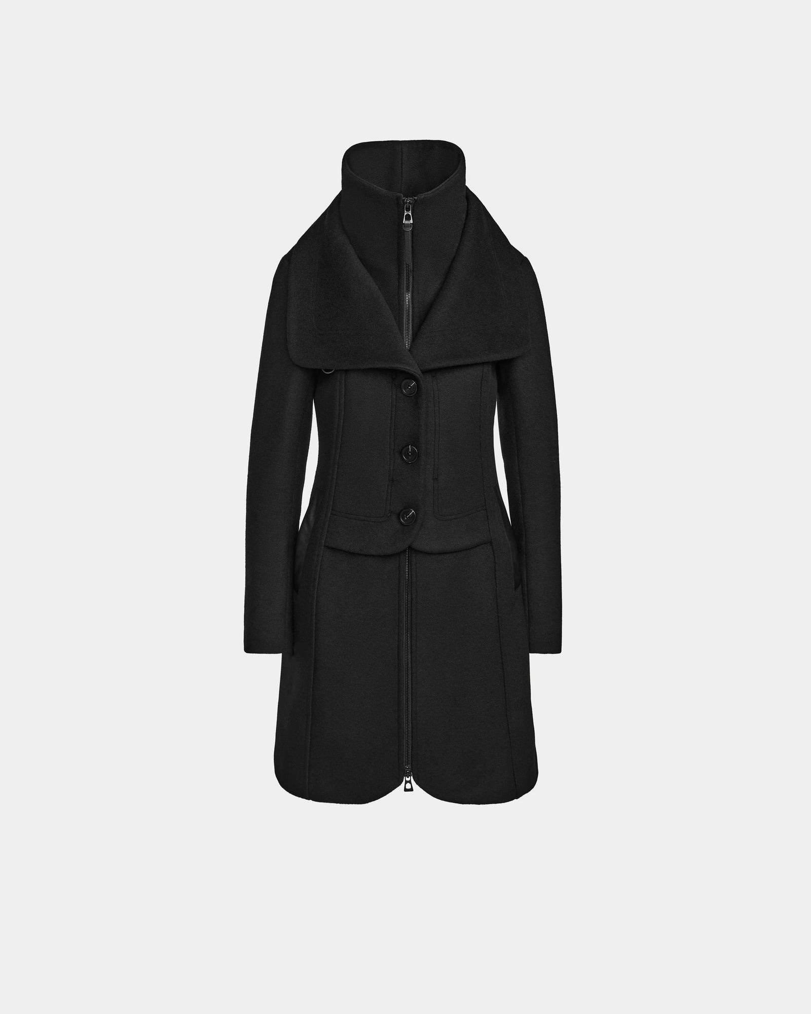 The Rudsak CAROLINE - L124543 Black is a knee-length, black long-sleeve coat made from premium wool blend with large lapels, a high collar, and front button closure, shown on a plain light gray background.
