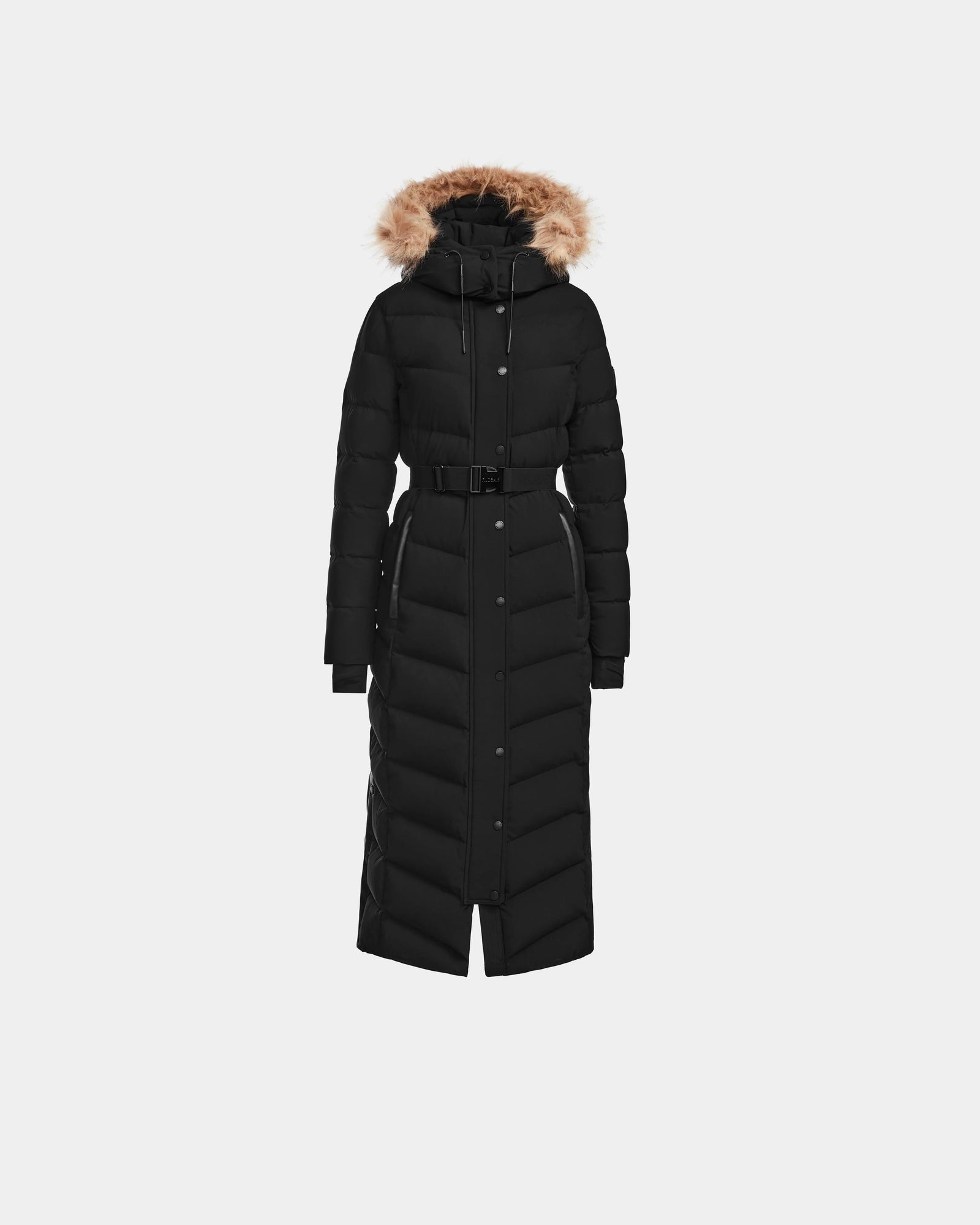 The Rudsak ELSIE M - L123517 Black/Natural is a women’s maxi down puffer with a belted waist, snap buttons, and a hood trimmed with brown faux fur, made from RDS-certified down and shown against a plain light background.