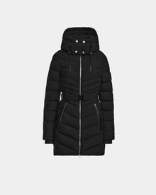 The Rudsak MALAYA M - L123554 Black is a women’s black knee-length down puffer jacket with herringbone quilting, hood, front zipper, snap buttons, belted waist, and two zippered pockets in recycled matte shell, shown on a white background.