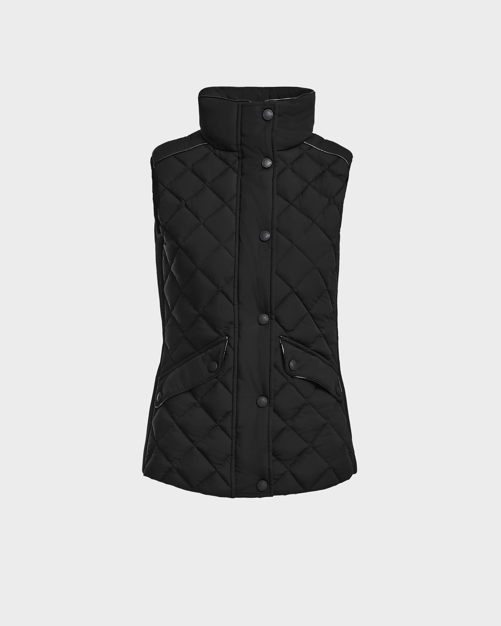 The Rudsak MATILDA - L124504 Black womens vest is a stylish, quilted sleeveless piece with a high collar, front snap buttons, and two zippered pockets, shown against a plain light-gray background.
