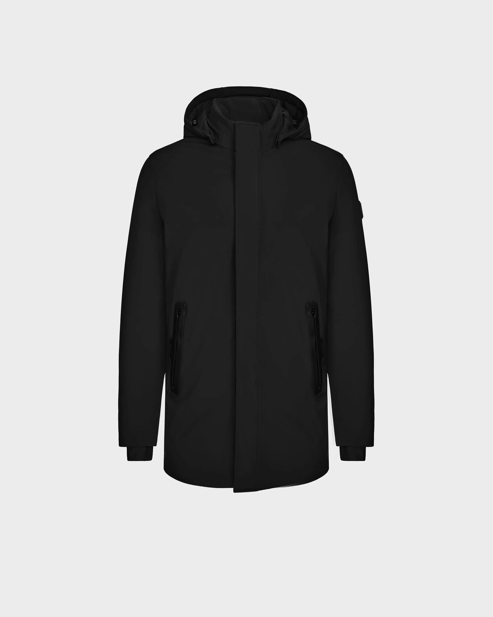 The Rudsak NATAN - M124519 Black men’s parka features down fill, a hood, front zipper, and two zippered side pockets, shown against a plain light gray background.