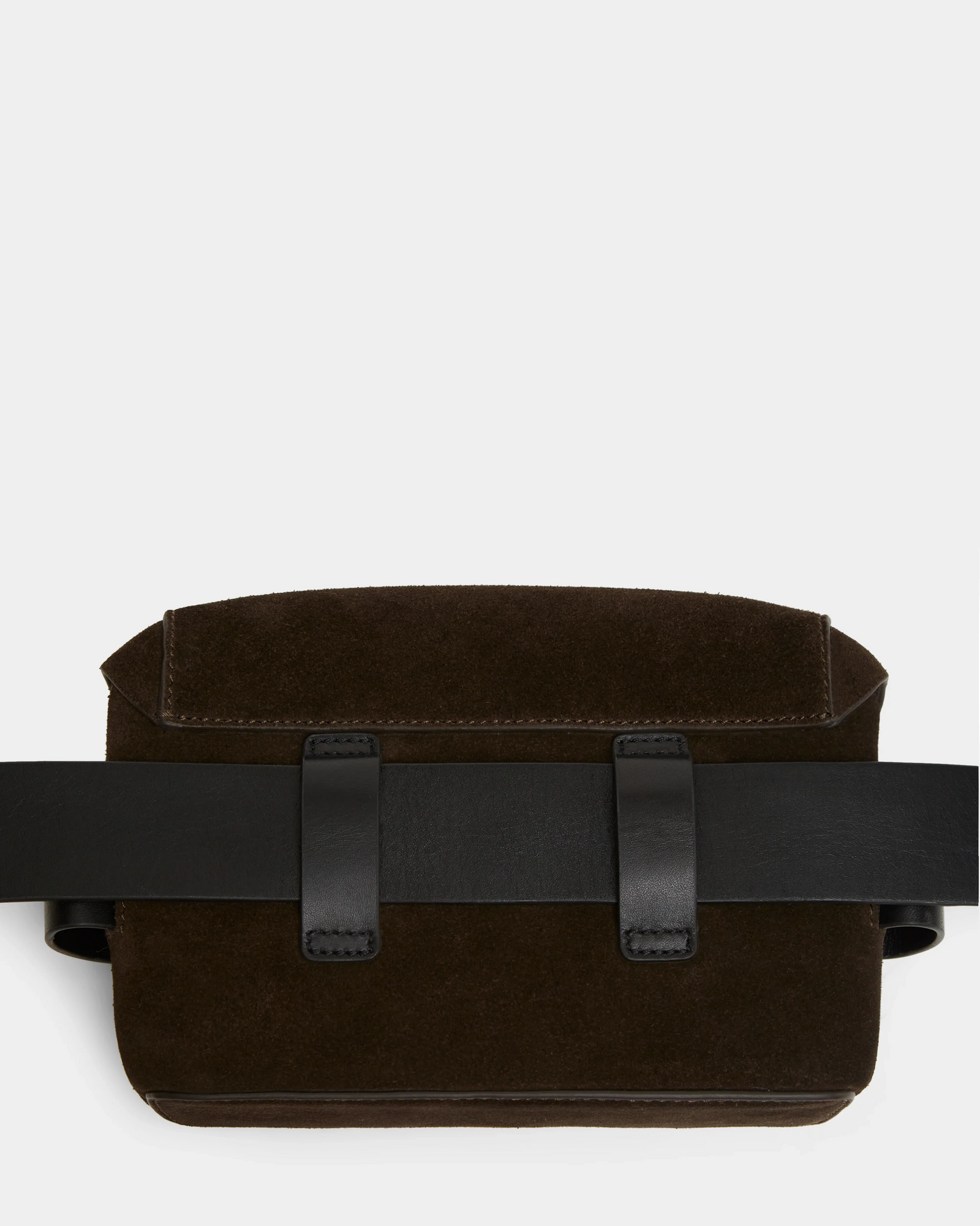 The Rudsak OFILIA S - 8324521 Espresso is a dark brown suede crossbody belt bag with a flap closure and two black leather straps across the front, shown against a plain white background.