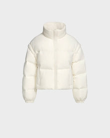 The Rudsak OPRAH - 8124708 Iceland is a womens cropped down puffer jacket with RDS certified ethical down, high collar, front zipper, elastic cuffs, and quilted design. Shown on a light gray background.