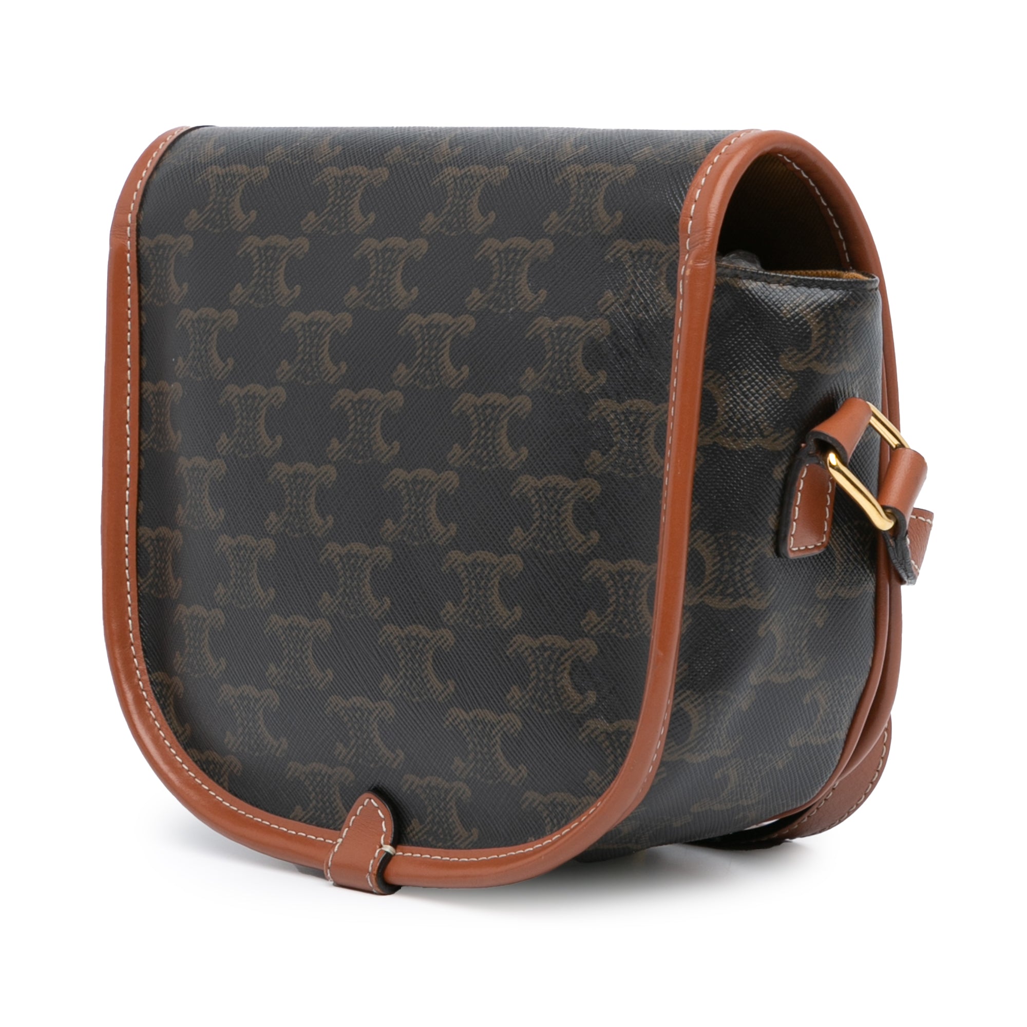 Celine | Pre-Owned Medium Triomphe Coated Canvas Folco Crossbody - II | Caramel/Dark Brown