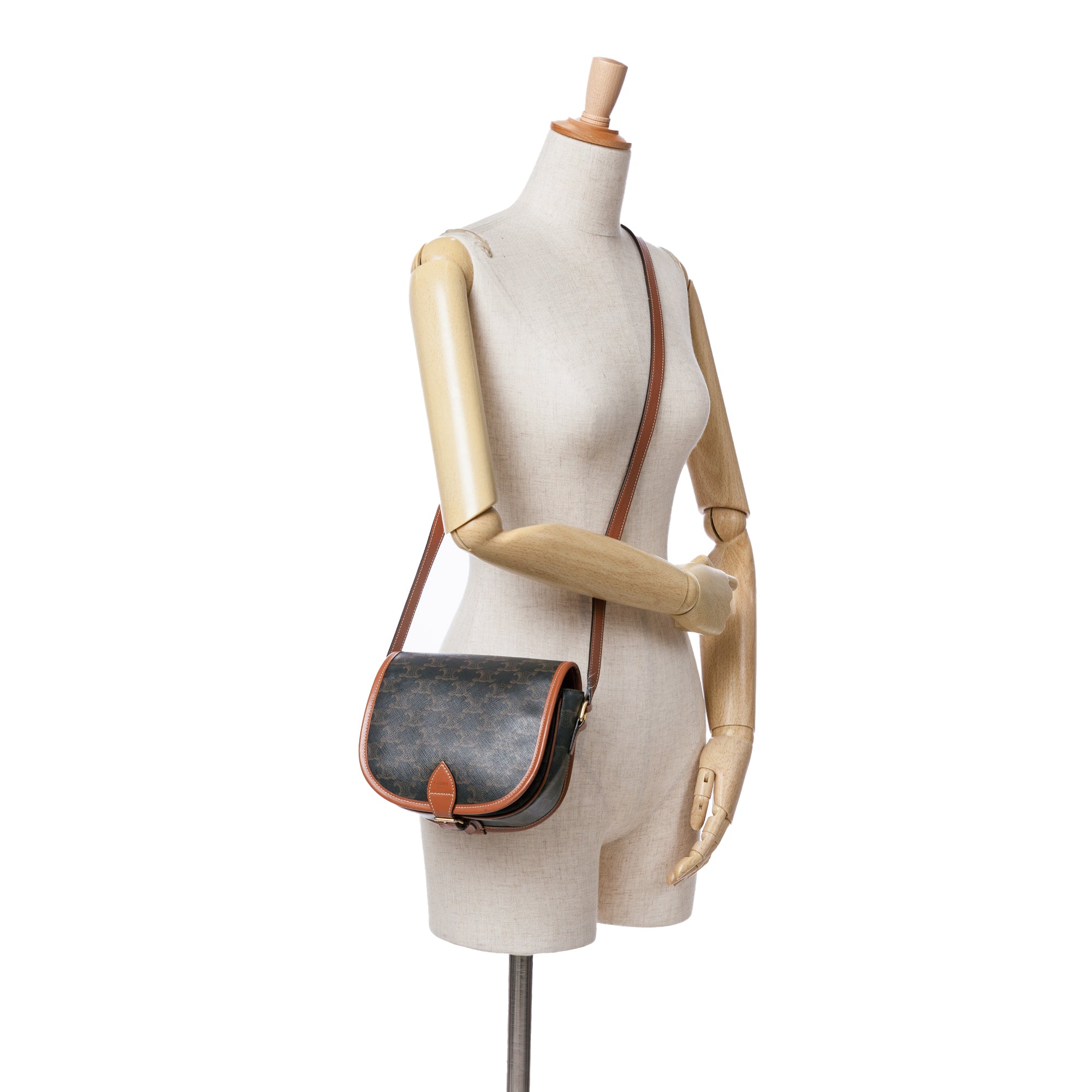 Celine | Pre-Owned Medium Triomphe Coated Canvas Folco Crossbody - II | Caramel/Dark Brown