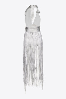 Metallic Fringe Halter Midi Dress | Silver