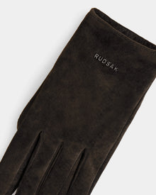 A close-up of Rudsak’s FLORA - L425542 Espresso women’s dark brown suede glove, wool-cashmere lined for warmth, with 