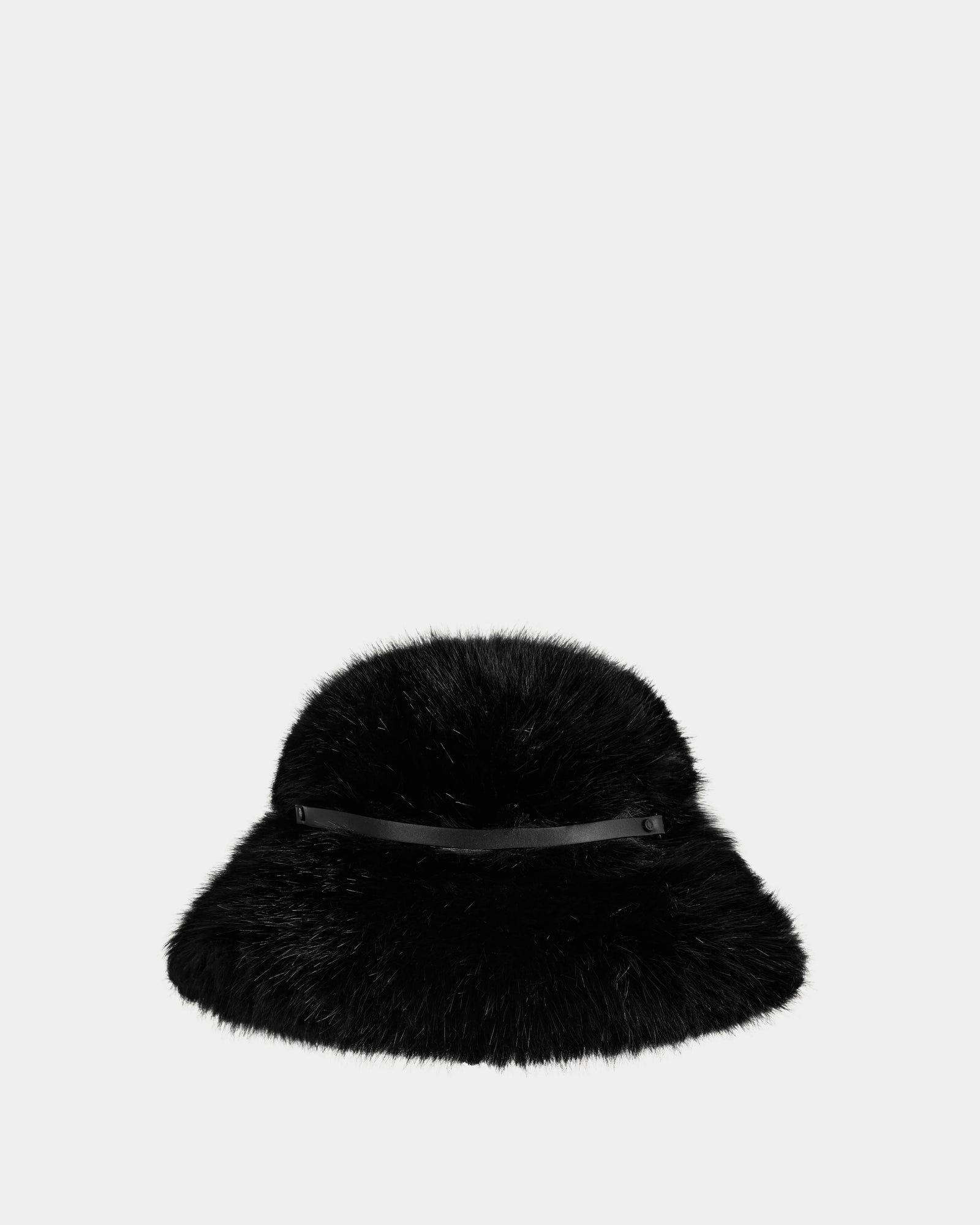 The YURI - L425538 Black by Rudsak is a women’s faux-fur bucket hat with a wide brim and thin vegan-leather trim, shown against a light gray background—the perfect winter accessory.