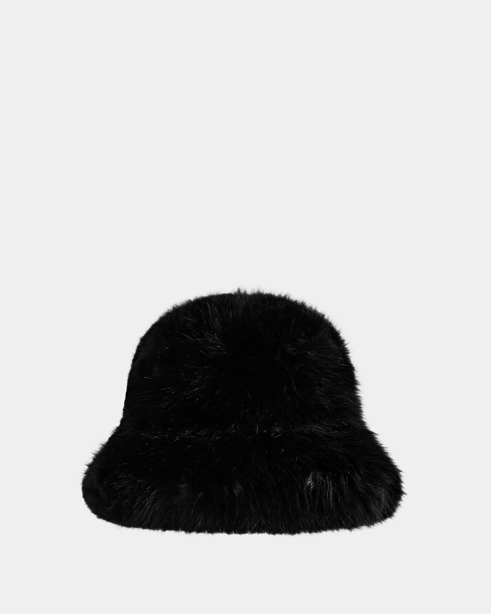 The YURI - L425538 Black by Rudsak is a women’s faux-fur bucket hat with a vegan-leather trim, shown against a plain light gray background.
