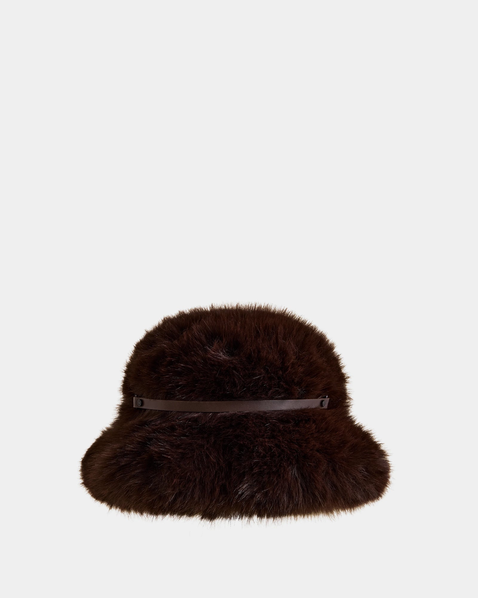 The YURI - L425538 Espresso by Rudsak is a dark brown faux-fur bucket hat with a slim leather strap around the crown, shown on a white background—a must-have winter accessory for any stylish wardrobe.