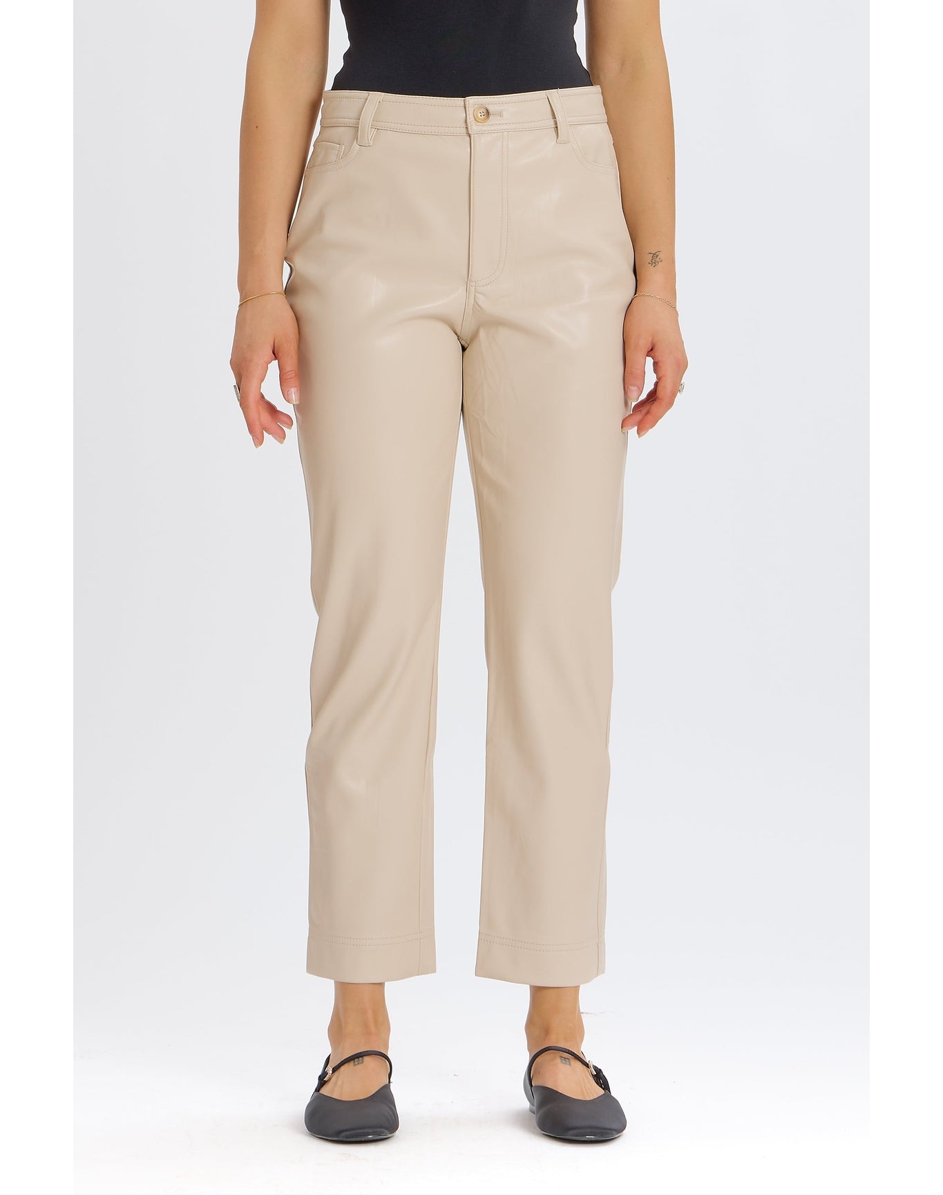 Faux Leather Straight Leg Pant | Ecru