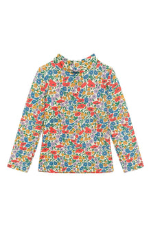 Long-sleeve rashguard with multicolored floral print in red, yellow, blue, purple, and green throughout.