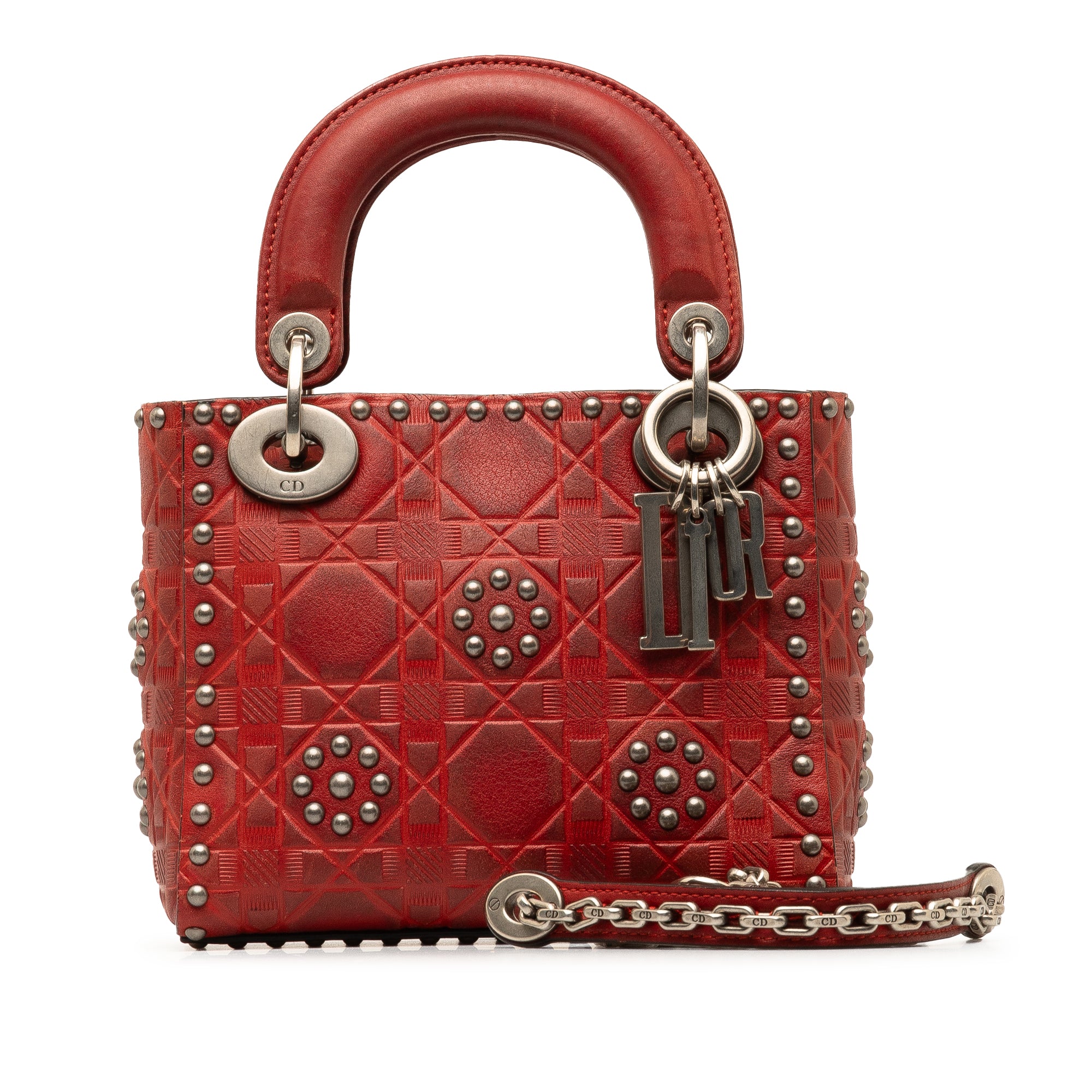 Dior | Pre-Owned Mini Embossed Calfskin Cannage Studded Flower Lady | Red