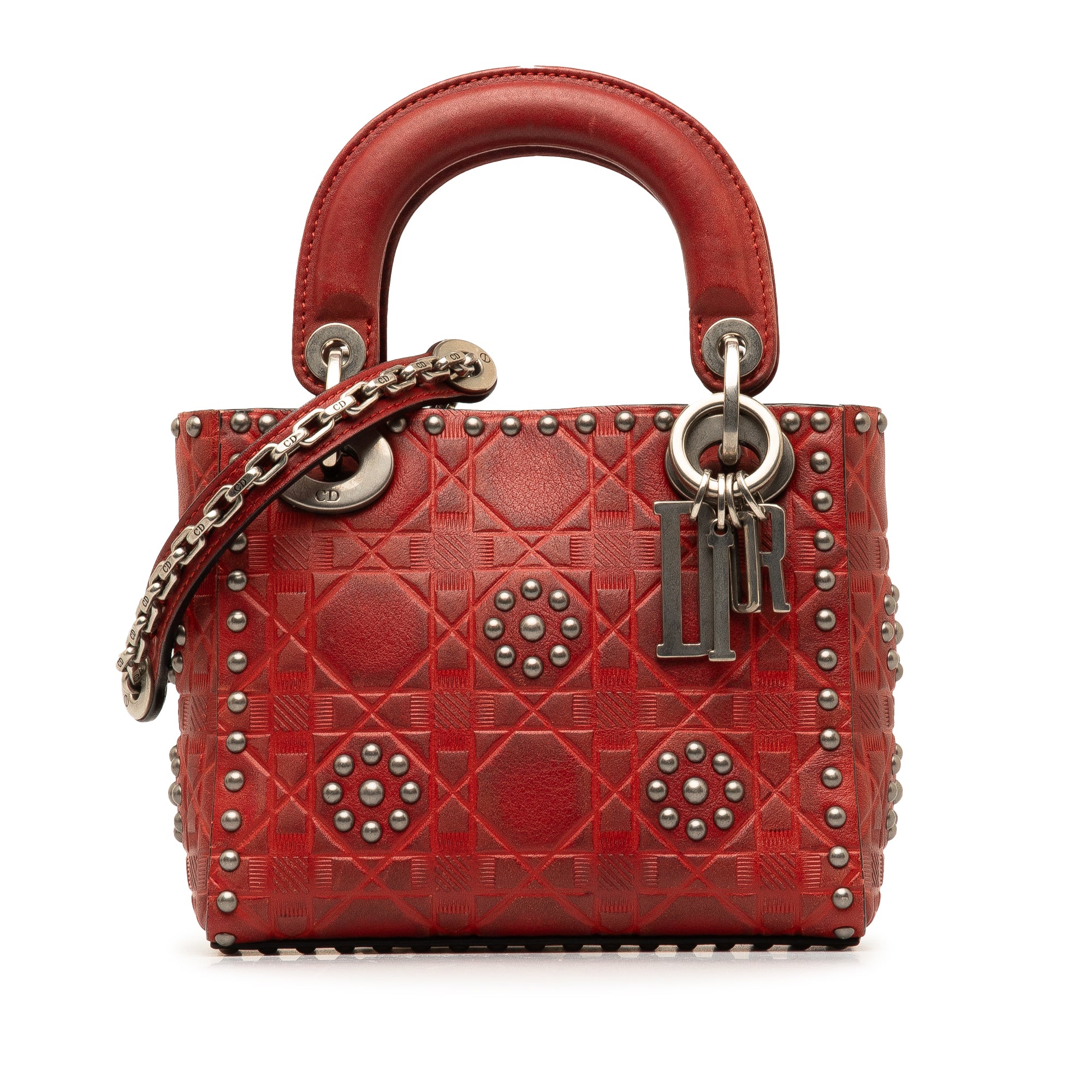 Dior | Pre-Owned Mini Embossed Calfskin Cannage Studded Flower Lady | Red